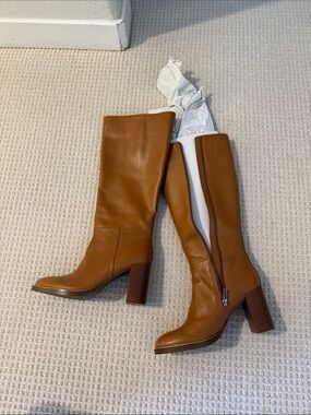 Marc Fisher Cognac Leather Knee-High Block Heel Boots